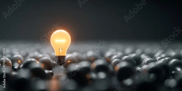 Fototapeta Glowing lightbulb stands out brightly among many dark bulbs, symbolizing unique ideas