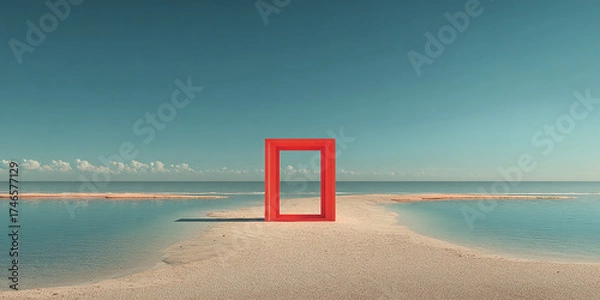 Fototapeta Red frame on sandy beach with calm sea and clear sky creating peaceful scene
