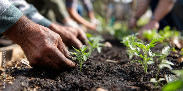 Fototapeta Close up of hands planting seedlings in rich soil, showcasing joy of gardening and nurturing plants