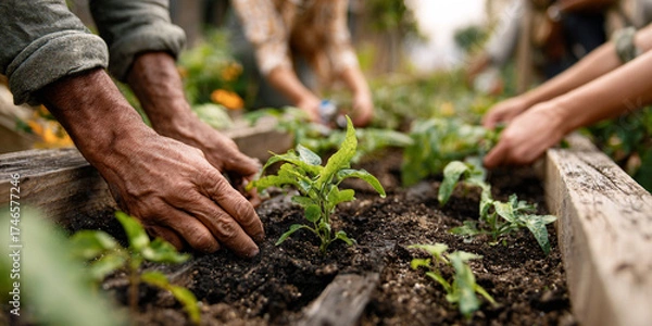 Fototapeta Close up of hands planting seedlings in soil, showcasing teamwork and connection to nature