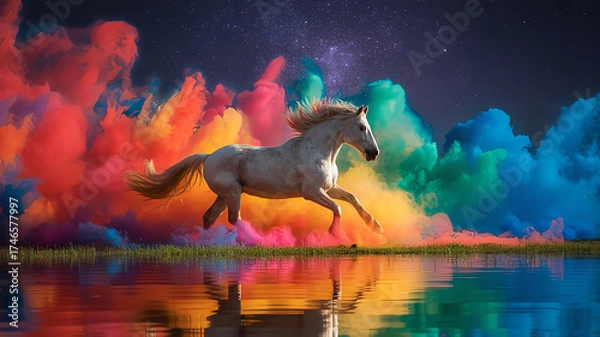 Obraz Majestic White Horse Running Through Colorful Powder Clouds in Fantasy Night Sky, Magical Galloping Horse Surrounded by Neon Dust and Cosmic Background
