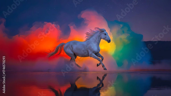 Fototapeta Majestic White Horse Running Through Colorful Powder Clouds in Fantasy Night Sky, Magical Galloping Horse Surrounded by Neon Dust and Cosmic Background