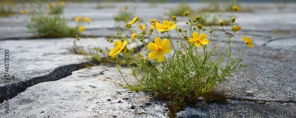 Fototapeta Yellow flowers blooming vibrantly through cracks in a concrete surface, symbolizing resilience and hope