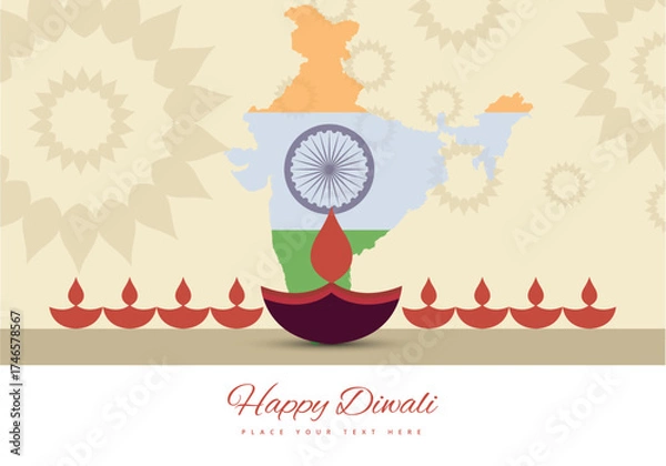 Obraz Happy Diwali Festival Greeting Background with Indian Flag Map, Glowing Diya Lamps, Vibrant Celebration Theme, and Elegant Indian Holiday Artwork for Greeting Card or Poster