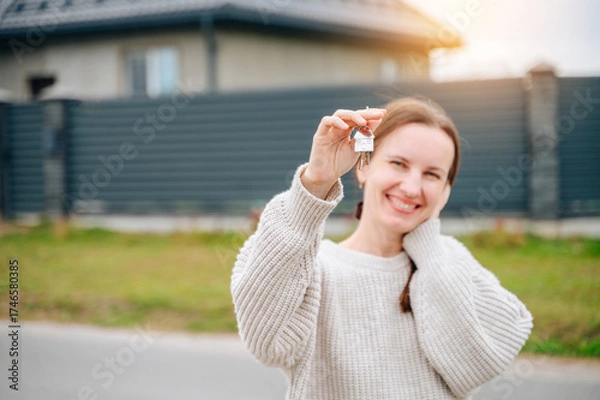 Fototapeta Happy woman holds a set of keys on a fob with a new house or apartment in the background after a successful closing