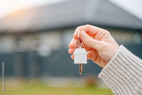 Fototapeta Close-up of a person's hand holding a metal keychain with house keys and a fob against a blurred background