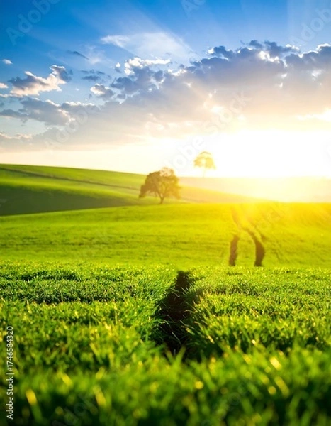 Obraz Lush green landscape at sunset with sun rays