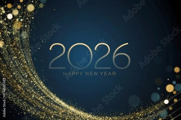 Fototapeta Elegant golden glitter swirl and bubbles with 2026 happy new year text on dark blue background