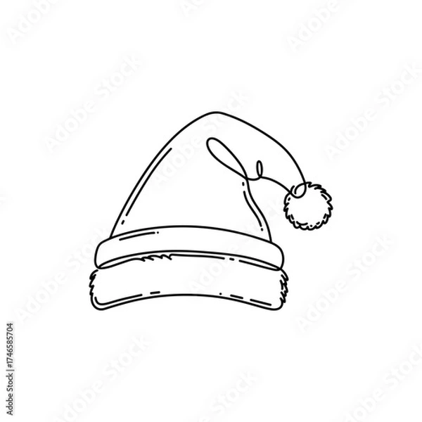 Fototapeta Santa Claus hat drawing, fluffy traditional Christmas hat with pompom and fur trim in minimal black line art