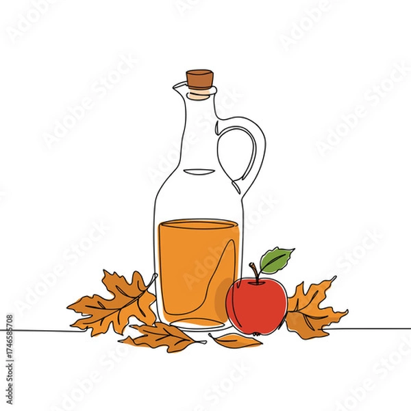 Fototapeta Apple cider jug and autumn leaves, glass bottle with apple, cozy fall illustration in minimal black line art for seasonal mood