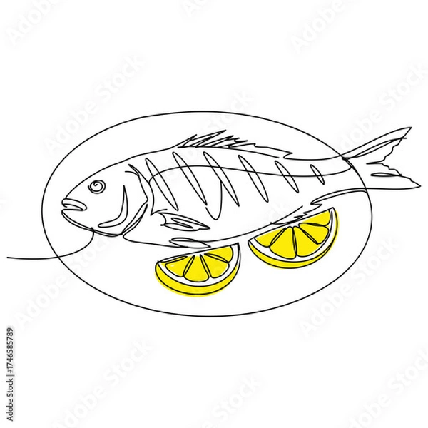 Fototapeta Grilled fish with lemon slices, whole cooked fish served on plate with yellow lemon wedges in minimal line art and color