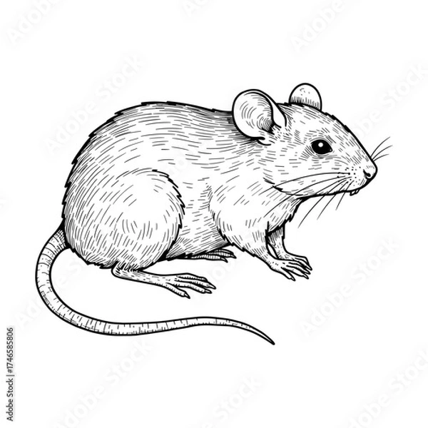 Fototapeta Mouse sketch, realistic tiny rodent with long tail and soft fur in detailed black line art, curious animal pose