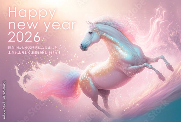 Obraz 年賀状　馬年　幻想的な馬　ピンク パステルカラー