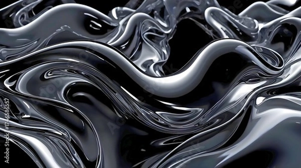 Obraz 抽象的なブラックの背景画像、黒い液体金属、うねり、波、カーブ