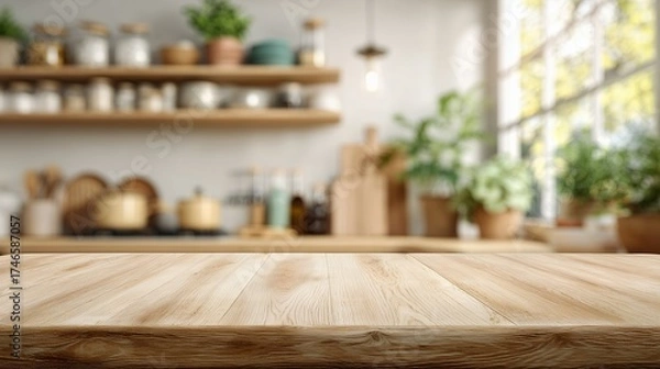 Fototapeta Rustic wooden tabletop with blurred kitchen interior featuring shelves, plants and natural light from the window, concept for product display, showcasing food and interior decoration