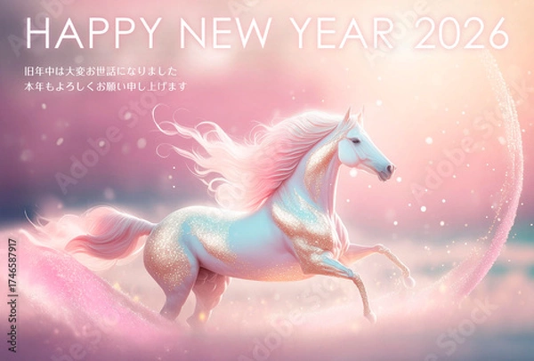 Obraz 年賀状　馬年　幻想的な馬　ピンク パステルカラー