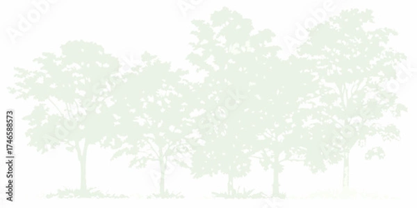 Fototapeta A row of stylized light green trees with dense foliage against a white background
