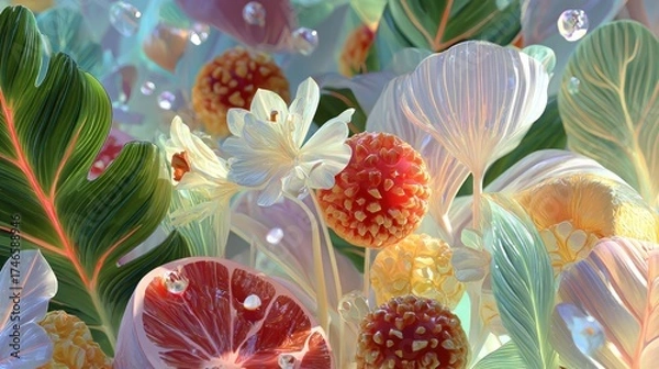 Fototapeta Botanical Dreamscape: A Kaleidoscope of Exotic Flora and Juicy Fruits