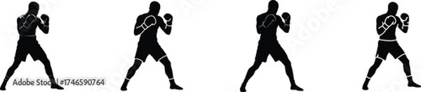 Fototapeta Dynamic silhouettes of a male boxer in guard stance demonstrating strength and athleticism in multiple poses vector