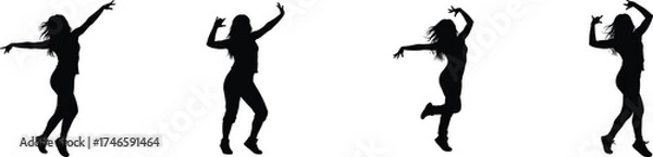 Fototapeta Joyful silhouette of a young woman dancing in four energetic poses isolated on capturing movement and freedom vector