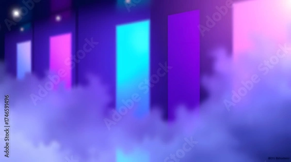 Fototapeta Surreal Abstract Dreamscape with Glowing Doors and Misty Clouds Illustration