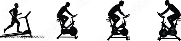 Fototapeta Silhouette icons of people exercising on treadmill and stationary bicycles for fitness and workout concepts vector