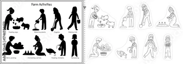 Fototapeta Black and white cut and glue game with cute kids making different farm activities. Matching educational activity page for kids in outline. Vector illustration