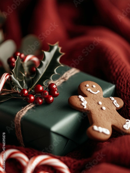 Fototapeta Vibrant Christmas scene with gingerbread man, candy cane, holly, berries, and green gift box on a red background. Festive flat lay with traditional holiday elements.