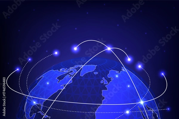 Fototapeta Futuristic illustration of global communication and data exchange with glowing lines on Earth