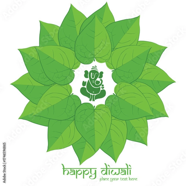 Obraz Happy Diwali Festival Illustration with Green Leaf Circle, Lord Ganesha Silhouette, Elegant Decorative Design, and Vibrant Indian Celebration Artwork for Greeting Card or Holiday Poster