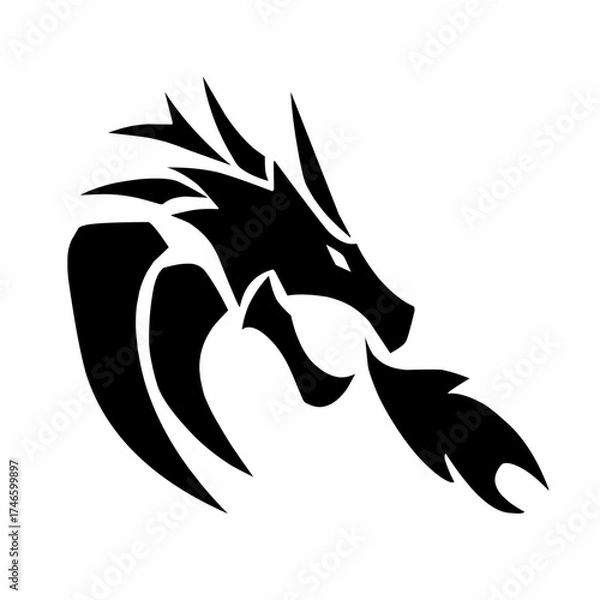 Fototapeta Black tribal style illustration of a dragon head breathing fire, featuring bold and sharp lines that symbolize strength, power, and mysticism