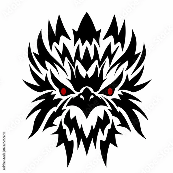 Fototapeta Bold tribal style illustration of a fierce monster face with sharp black patterns and intense red eyes