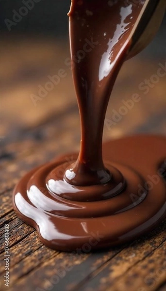 Fototapeta Decadent Melting Chocolate Rich Swirls and Drips on Rustic Wood, Perfect for Food Blogs and Dessert Menus