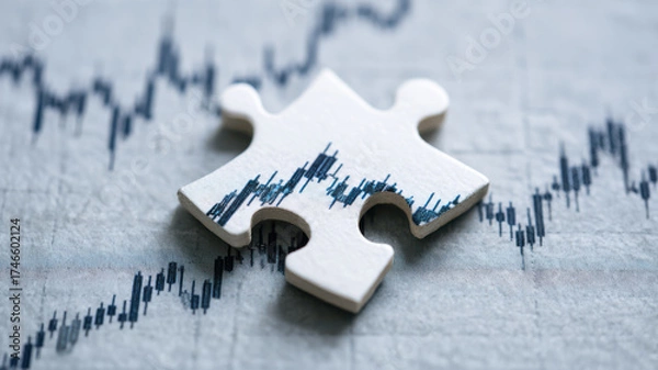 Fototapeta A single jigsaw puzzle piece placed on top of a stock chart, concept of market and puzzle