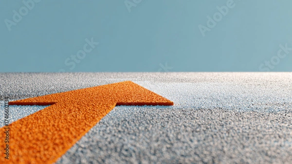 Fototapeta Orange arrow on gray road with blue sky, symbolizing direction and progress. The arrow is pointing towards the upper right, indicating growth and forward motion