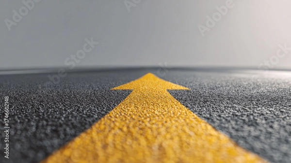 Fototapeta An upward arrow on an asphalt road, symbolizing guidance and direction. The arrow points straight ahead, suggesting progress and focus.