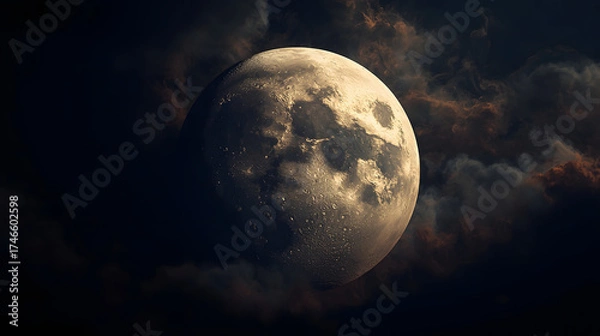 Fototapeta A bright, full moon emerges from dark, swirling, atmospheric clouds.