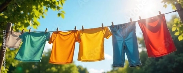 Fototapeta Sun-Drenched Laundry Drying on a Clothesline Vibrant Summer Scene of Freshly Washed Clothes Gently Swaying in the Breeze