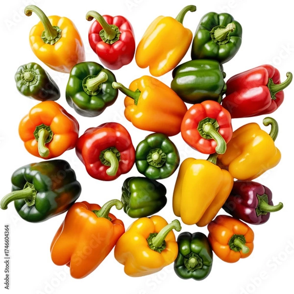 Fototapeta Overhead View of a Variety of Colorful Bell Peppers and Chili Peppers on a transparent background PNG  
