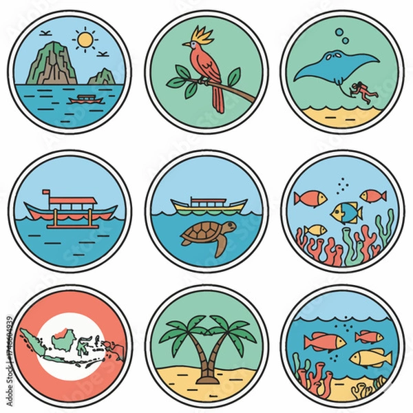 Fototapeta Raja Ampat National Park Minimalist vector icons. Flat style, high resolution, and bold lines. Captures the beauty of Indonesian marine life and islands.