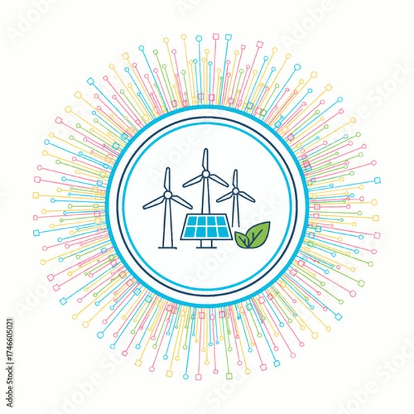 Obraz Renewable Energy Vector Clean, flat illustration of solar panels & wind turbines with green leaves. Ideal for sustainability, eco-friendly tech, and power concepts.