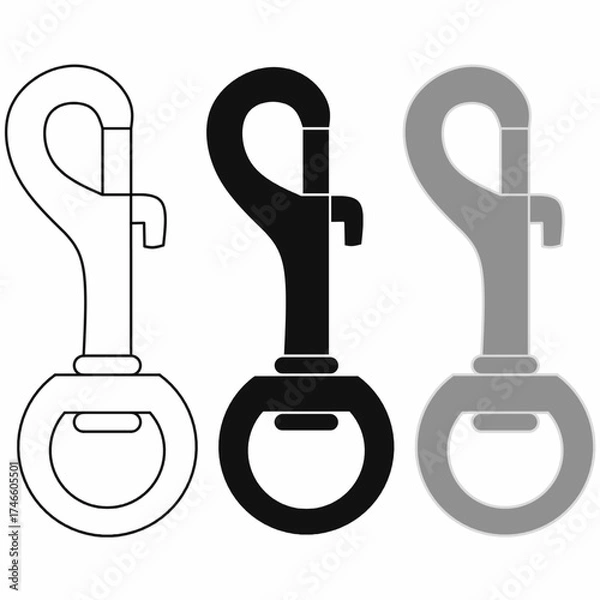 Fototapeta Vector illustration of a bolt snap hook in outline, silhouette, and gray style. Featuring spring latch and circular ring, used for leashes, keychains, and gear attachment icon