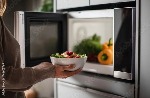 Fototapeta Person Removing Fresh Salad from Microwave Oven in Modern Kitchen Setting