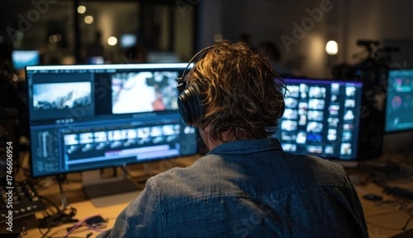 Obraz Professional editor working on multiple screens in a dark editing studio