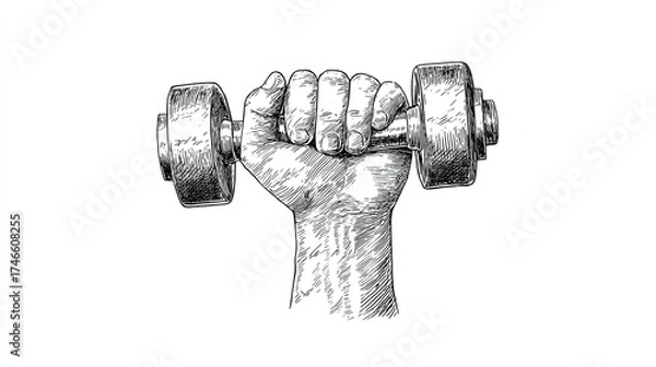 Fototapeta Engraving sketch of human hand lifting dumbbell for gym workout strength training fitness exercise