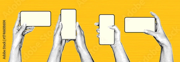 Fototapeta Four pairs of hands grip smartphones with blank screens, positioned on a vibrant yellow background, illustrating varied orientations that emphasize communication and technology.