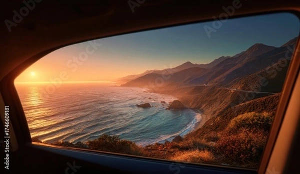 Obraz Scenic coastal landscape view during sunset seen through a car window with mountains