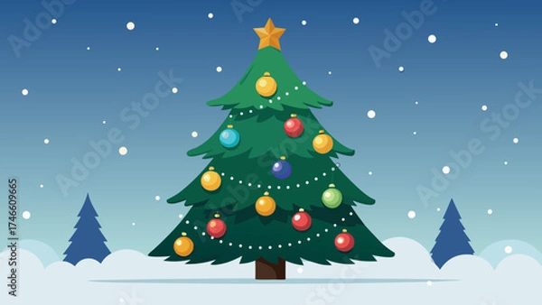 Fototapeta Vector art of christmas tree with colorful ornaments and a star