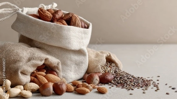 Obraz Burlap bags overflowing with mixed nuts and seeds on a neutral background