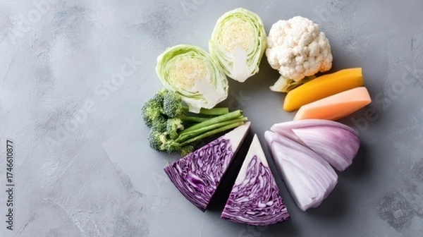 Obraz Assorted fresh vegetables arranged in a circular pattern on gray background